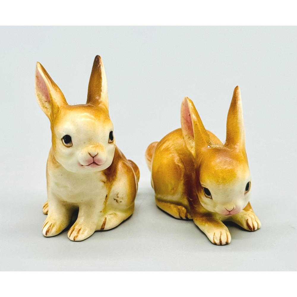 Bone China Bunny Rabbit Figurines Mid Century Set of 2 M103 Japan